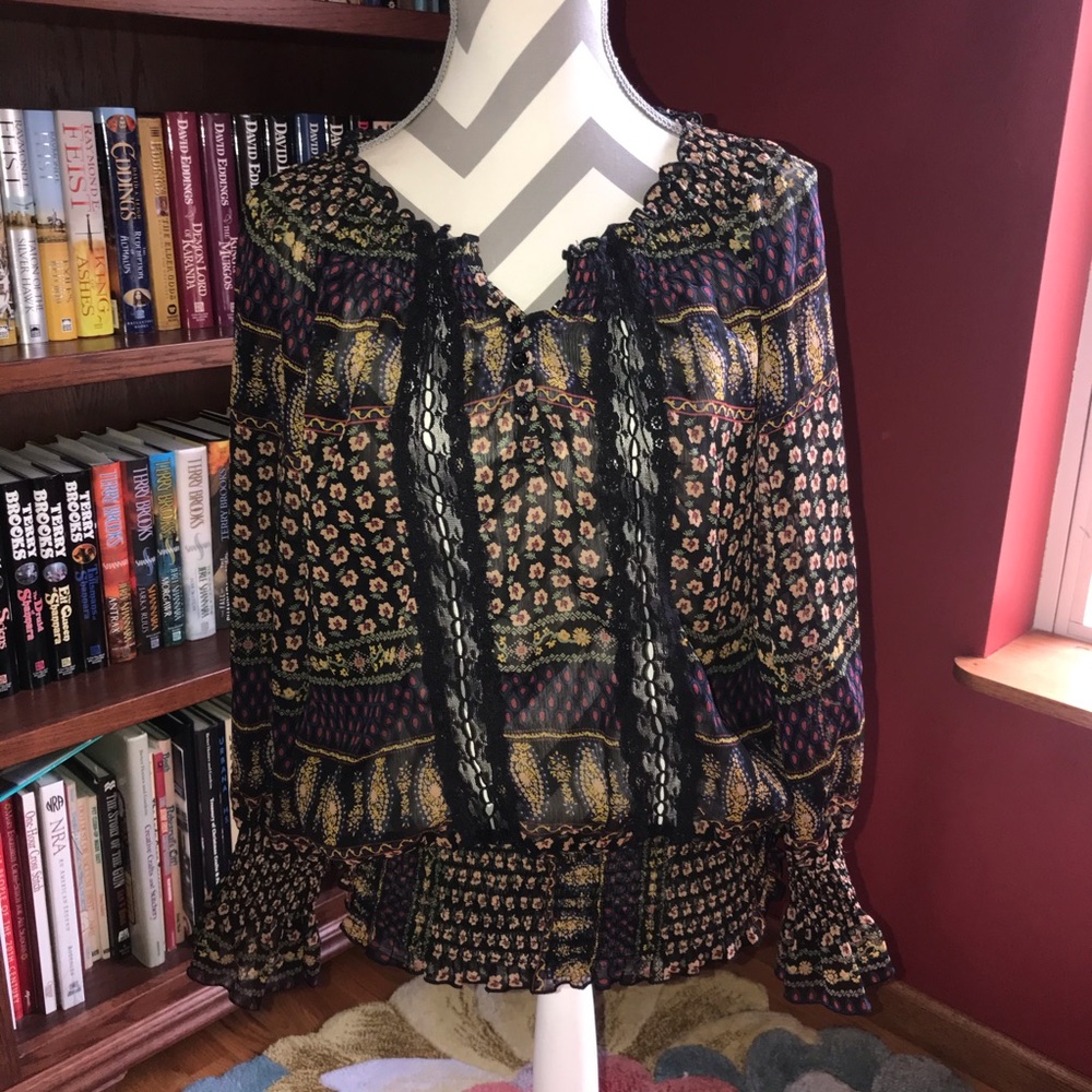 Bailey Blue Black Peasent Blouse Size Large